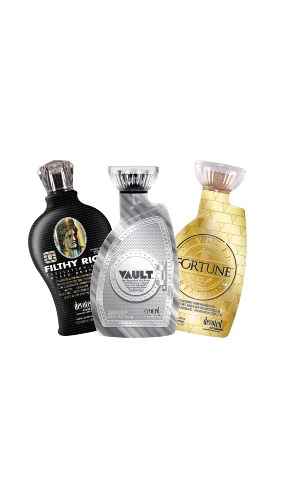 Assortiment professionele Devoted Creations zonnebanklotions Feel-Sun Dronten met Filthy Rich, Vault, en Fortune lotions